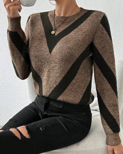 Women's Geometric Pattern Round Neck Long-Sleeved Knitted Sweater