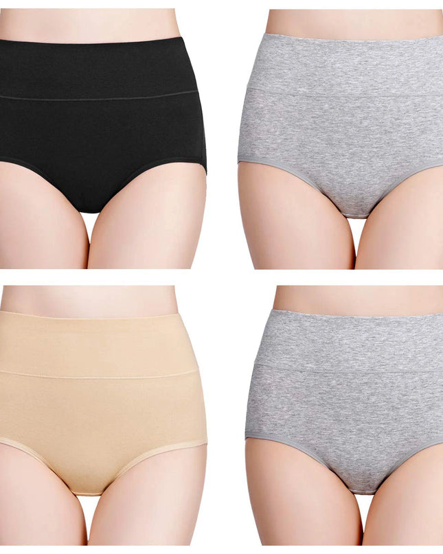 4-Piece Women's High-Waisted Tummy Control Underwear Cotton Soft Stretch Briefs