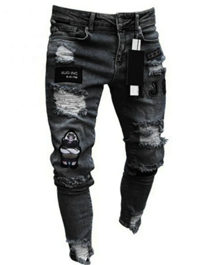 Men's Skinny Slim Fit Ripped Denim Jeans with Stretch, Hole & Patchwork Design