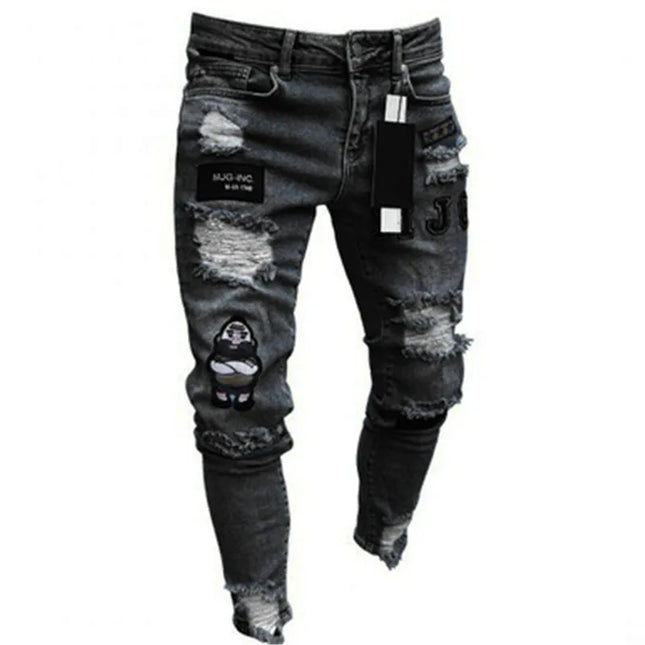 Men's Skinny Slim Fit Ripped Denim Jeans with Stretch, Hole & Patchwork Design