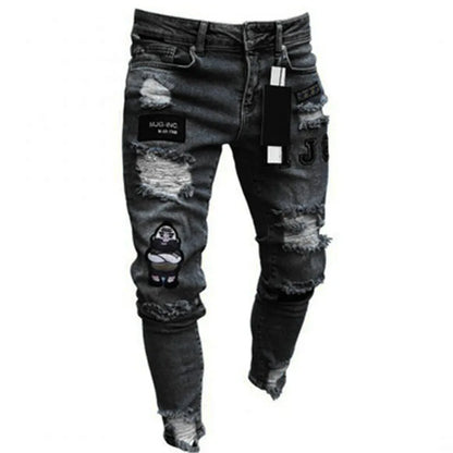 Men's Skinny Slim Fit Ripped Denim Jeans with Stretch, Hole & Patchwork Design