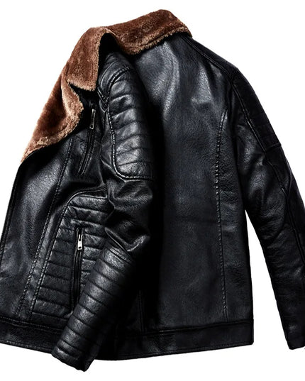 Men's Faux Leather Jacket with Fleece Fur Collar - Various Colors