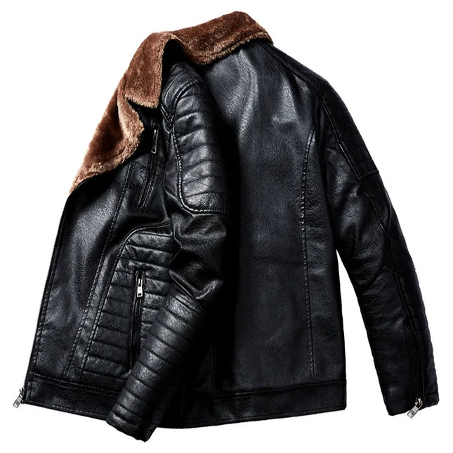 Men's Faux Leather Jacket with Fleece Fur Collar - Various Colors