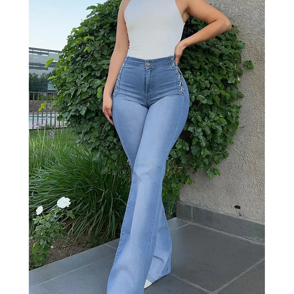 High-Waisted Women's Flare Jeans with Side Braid