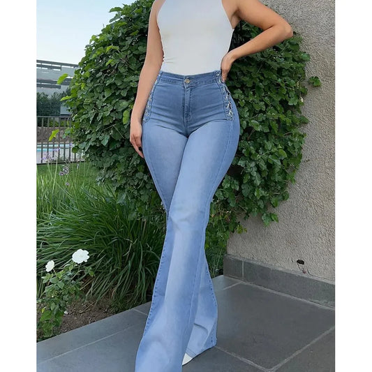 High-Waisted Women's Flare Jeans with Side Braid