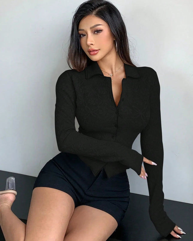 Women's Slim Fit Long Sleeve Turn-Down Collar Blouse