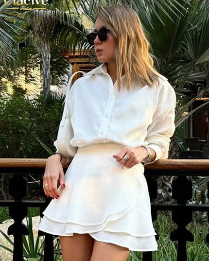 Women's Casual Loose Two-Piece Set with Long Sleeve Shirt and High-Waist Mini Skirt