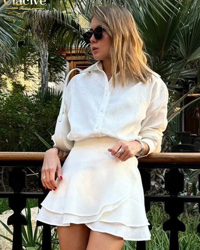 Women's Casual Loose Two-Piece Set with Long Sleeve Shirt and High-Waist Mini Skirt