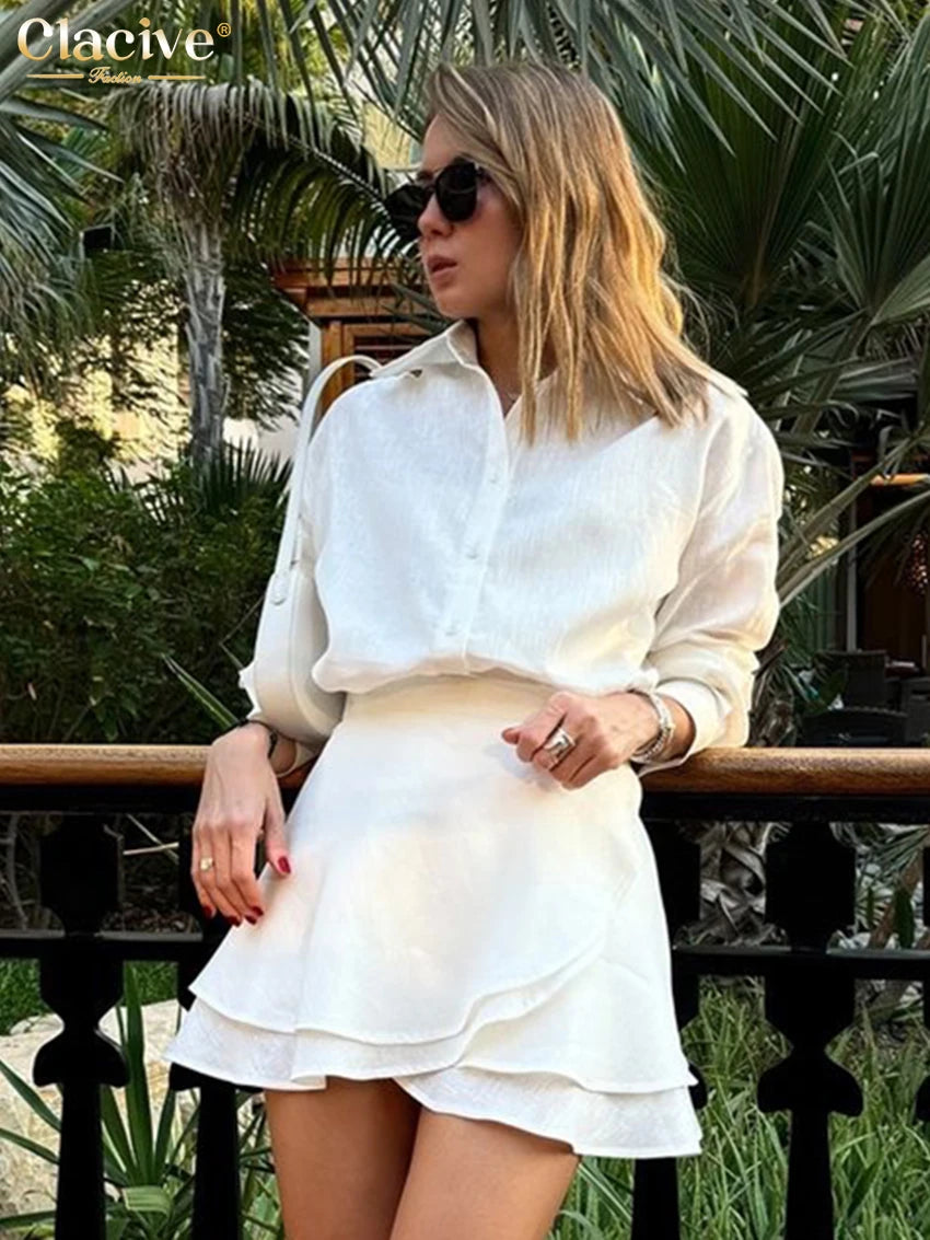 Women's Casual Loose Two-Piece Set with Long Sleeve Shirt and High-Waist Mini Skirt