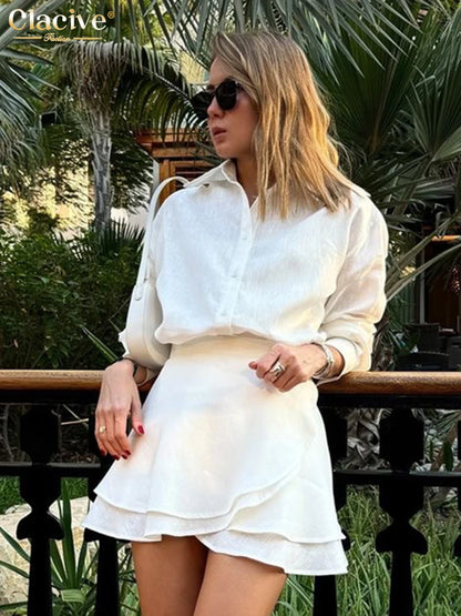 Women's Casual Loose Two-Piece Set with Long Sleeve Shirt and High-Waist Mini Skirt
