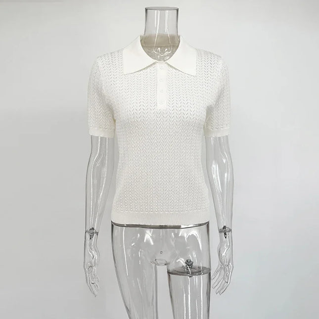 Hollow Knit Short Sleeve Polo T-Shirt for Women