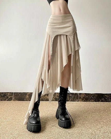Women’s Slit Skirt with Irregular Hem & Ruffle Design