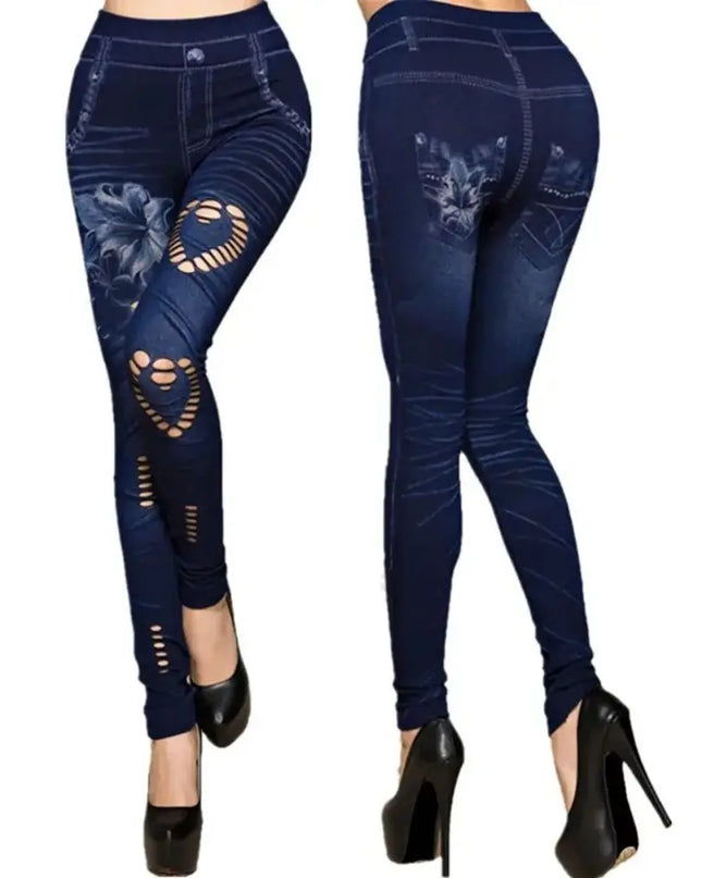 High-Waisted Women's Slim-Fit Faux Denim Pants with Heart and Flower Pattern