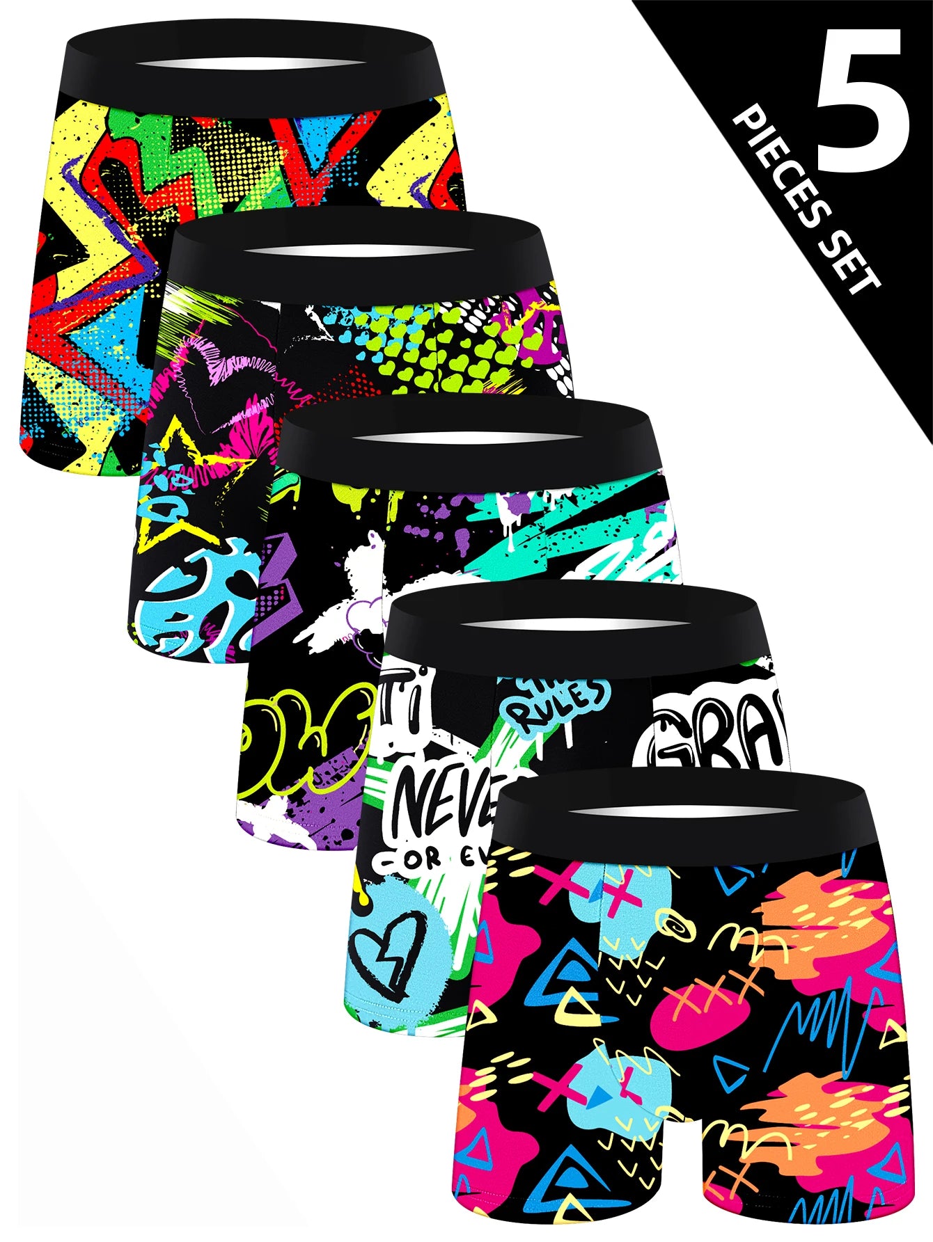 5-Pack Men's Soft Boxer Briefs with Long Graffiti Print