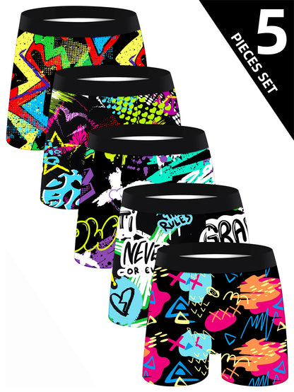 5-Pack Men's Soft Boxer Briefs with Long Graffiti Print