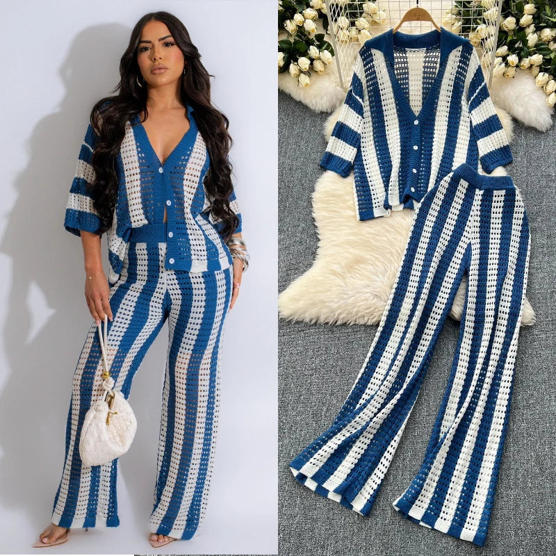 Wishyear Women's Two-Piece Striped Knit V-Neck Hollow Out Button Top & Wide Leg Pants Set