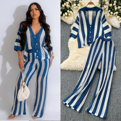 Wishyear Women's Two-Piece Striped Knit V-Neck Hollow Out Button Top & Wide Leg Pants Set