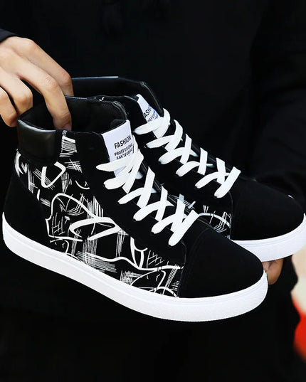 Men's Lace-Up High-Top Canvas Sneakers with Vulcanized Sole
