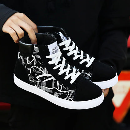 Men's Lace-Up High-Top Canvas Sneakers with Vulcanized Sole