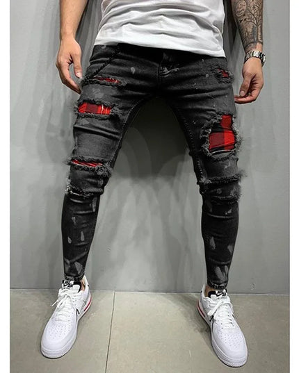 Men's Skinny Slim Fit Ripped Denim Jeans with Stretch, Hole & Patchwork Design