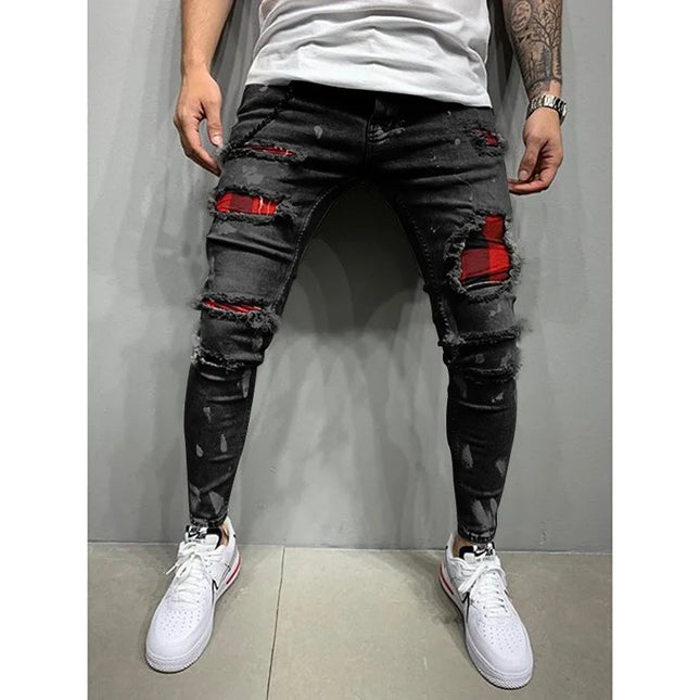 Men's Skinny Slim Fit Ripped Denim Jeans with Stretch, Hole & Patchwork Design