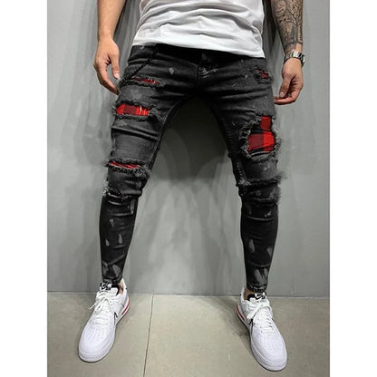 Men's Skinny Slim Fit Ripped Denim Jeans with Stretch, Hole & Patchwork Design