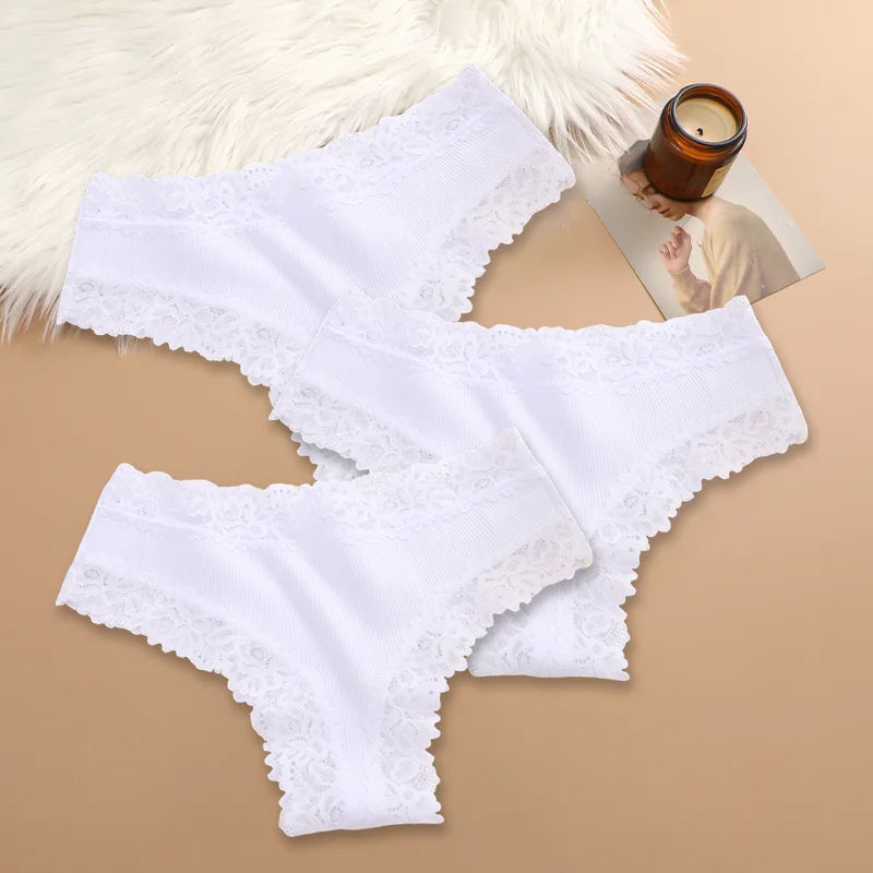 Set of 3 Women's Cotton Lace Panties - Floral Print & Trendy Patchwork Briefs