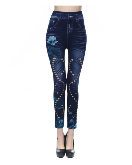 High-Waisted Women's Slim-Fit Faux Denim Pants with Heart and Flower Pattern