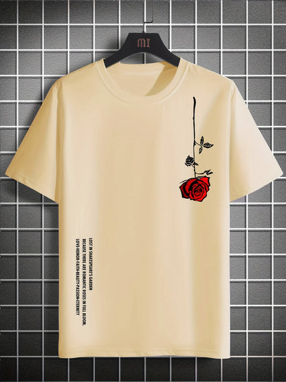 Men's Slim Fit Casual T-Shirt – 100% Cotton Rose Print Short Sleeve Round Neck Tee