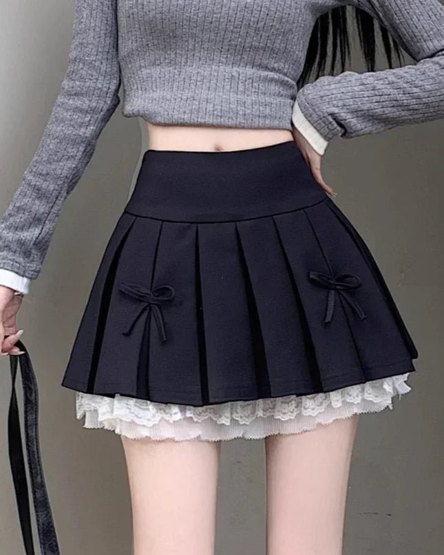 High Waist Pleated Mini Skirt for Women - Lace Preppy Bow Skirt