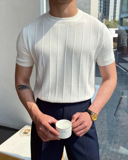 Men's Casual Round Neck Knit T-Shirt with Jacquard Stripe