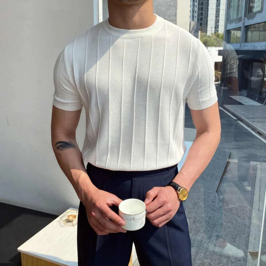 Men's Casual Round Neck Knit T-Shirt with Jacquard Stripe