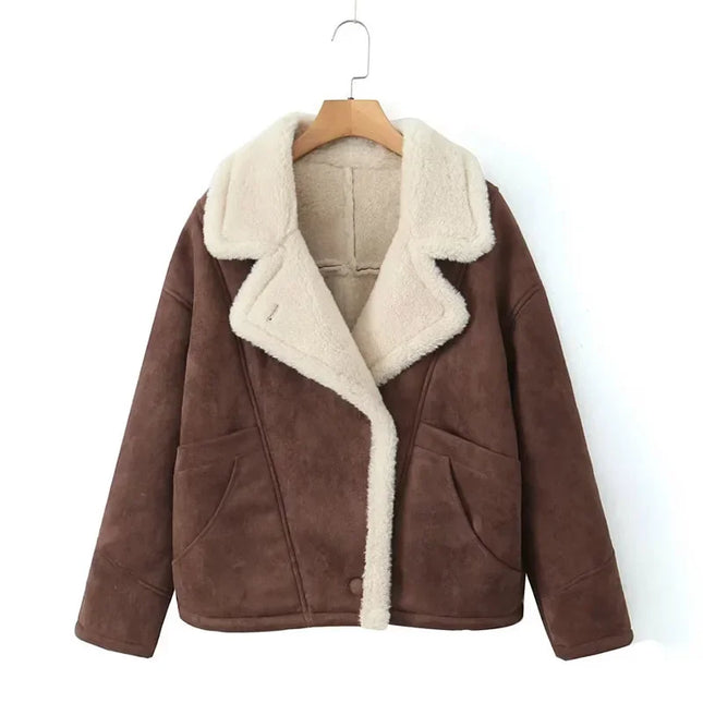 Women's Vintage Wool Lapel Jacket with Thicken Fabric and Pockets