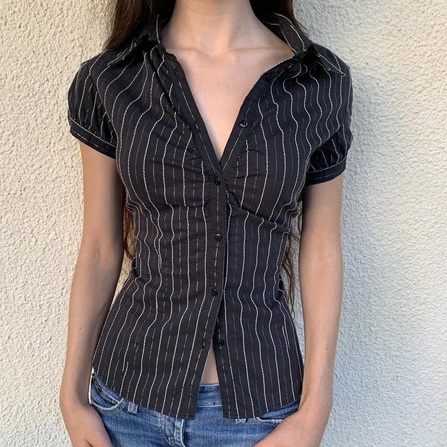 Chic Elegant Striped Button-Up Blouse for Women with Turn-Down Collar