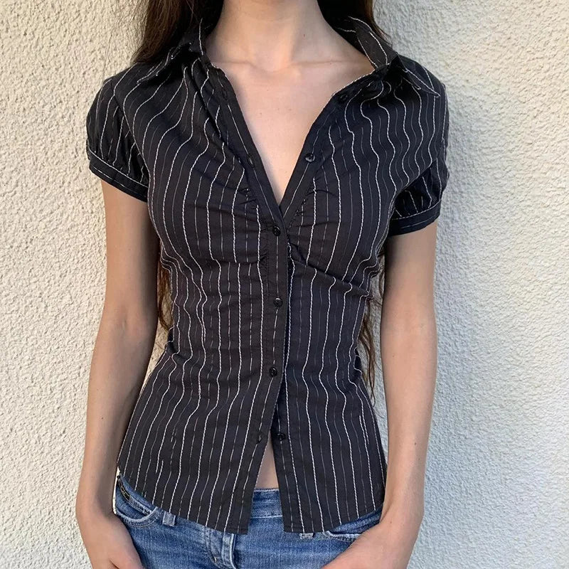 Chic Elegant Striped Button-Up Blouse for Women with Turn-Down Collar