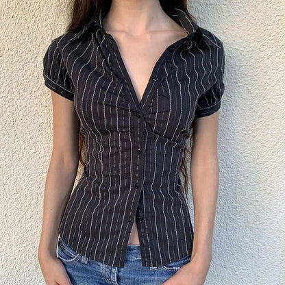 Chic Elegant Striped Button-Up Blouse for Women with Turn-Down Collar