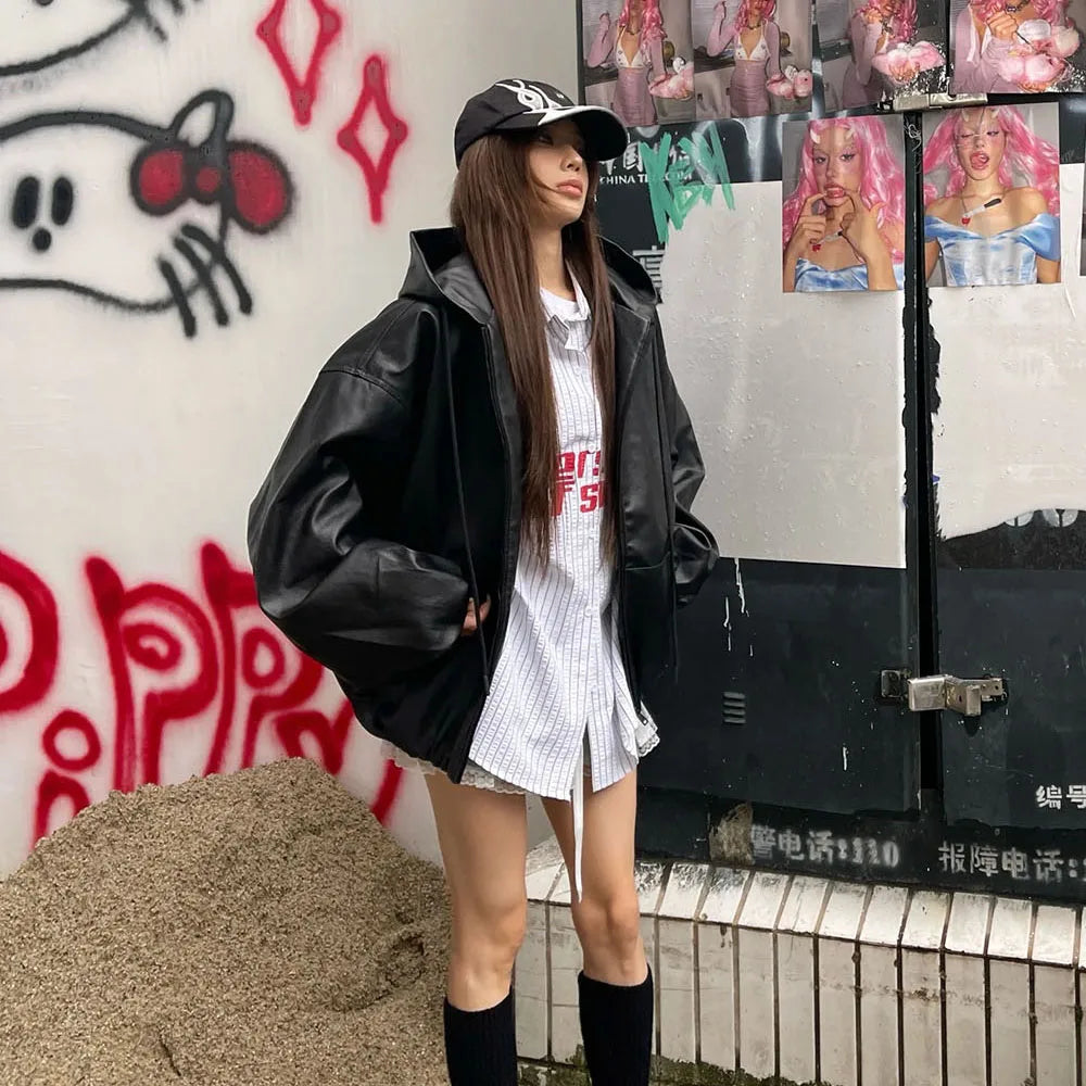 Unisex PU Leather Casual Oversized Hooded Zipper Jacket – Loose Fit, Trendy Zipper Hoodie for Men and Women