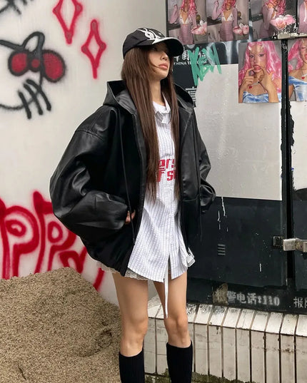 Unisex Faux Leather Casual Zipper Hooded Jacket - Oversized