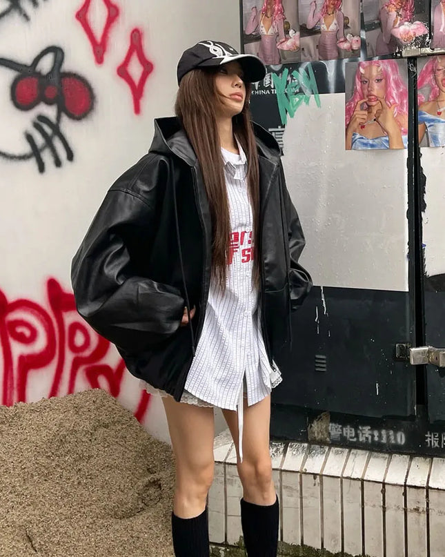 Unisex Faux Leather Casual Zipper Hooded Jacket - Oversized