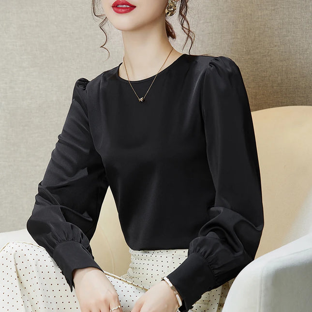 Women's Elegant Satin O-Neck Long Sleeve Blouse