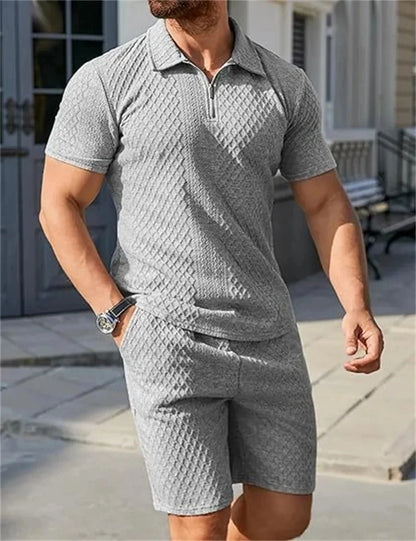 Men's Two-Piece Jacquard Polo Set - Half Zip Polo T-Shirt & Shorts Combo for Men