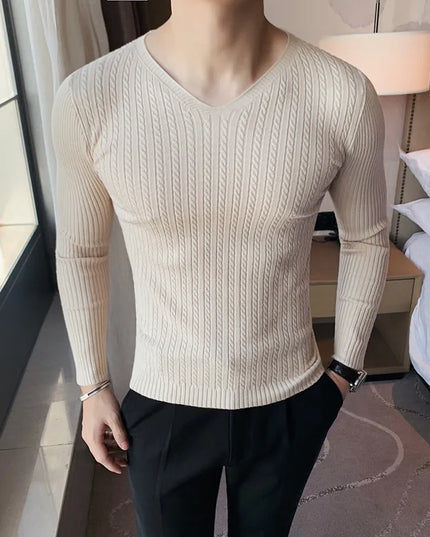 Men's V-Neck Long Sleeve Slim Fit Casual Knit Sweater