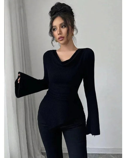 Women’s Off-Shoulder Ribbed Knit Sweater, Slim Fit, Long Sleeve
