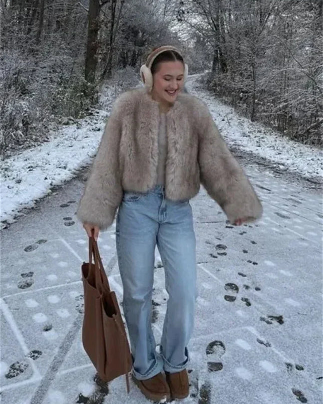 Elegant Women's Long Sleeve Loose Thick Faux Fur Coat