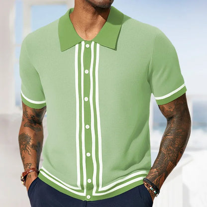 Men's Breathable Striped Knit Patchwork Polo Shirt - Short Sleeve Button-Up