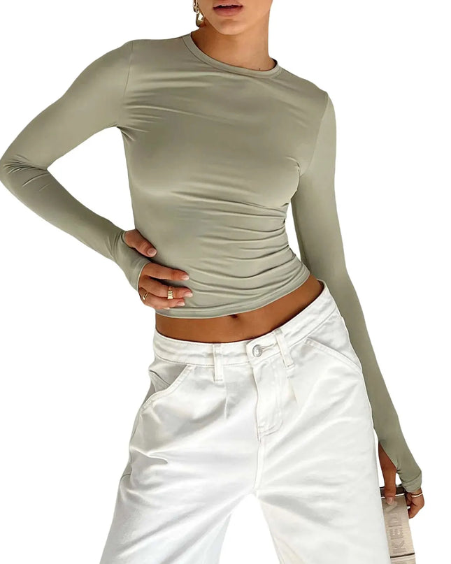 Women's Long Sleeve Slim Fit Top with Thumb Holes - Various Colors