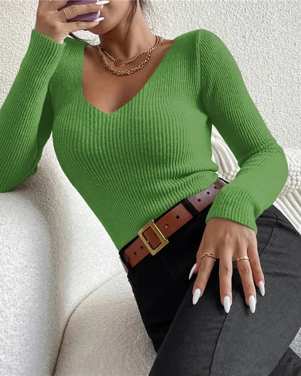 Women's  V-Neck Ribbed Knit Pullover Sweater