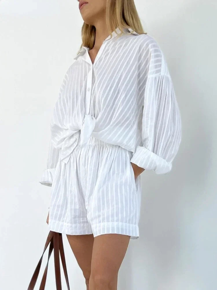 Women's Casual Two-Piece Striped Jacquard Shirt and Elastic Waist Shorts Set