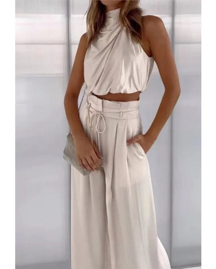 Womens Two-Piece Silk Pleated Outfit-Leg Pants and Open Navel Design