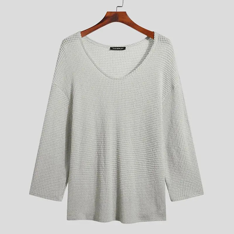 Incerun Men's Knitted V-Neck Long Sleeve Hollow-Out Loose Sweater